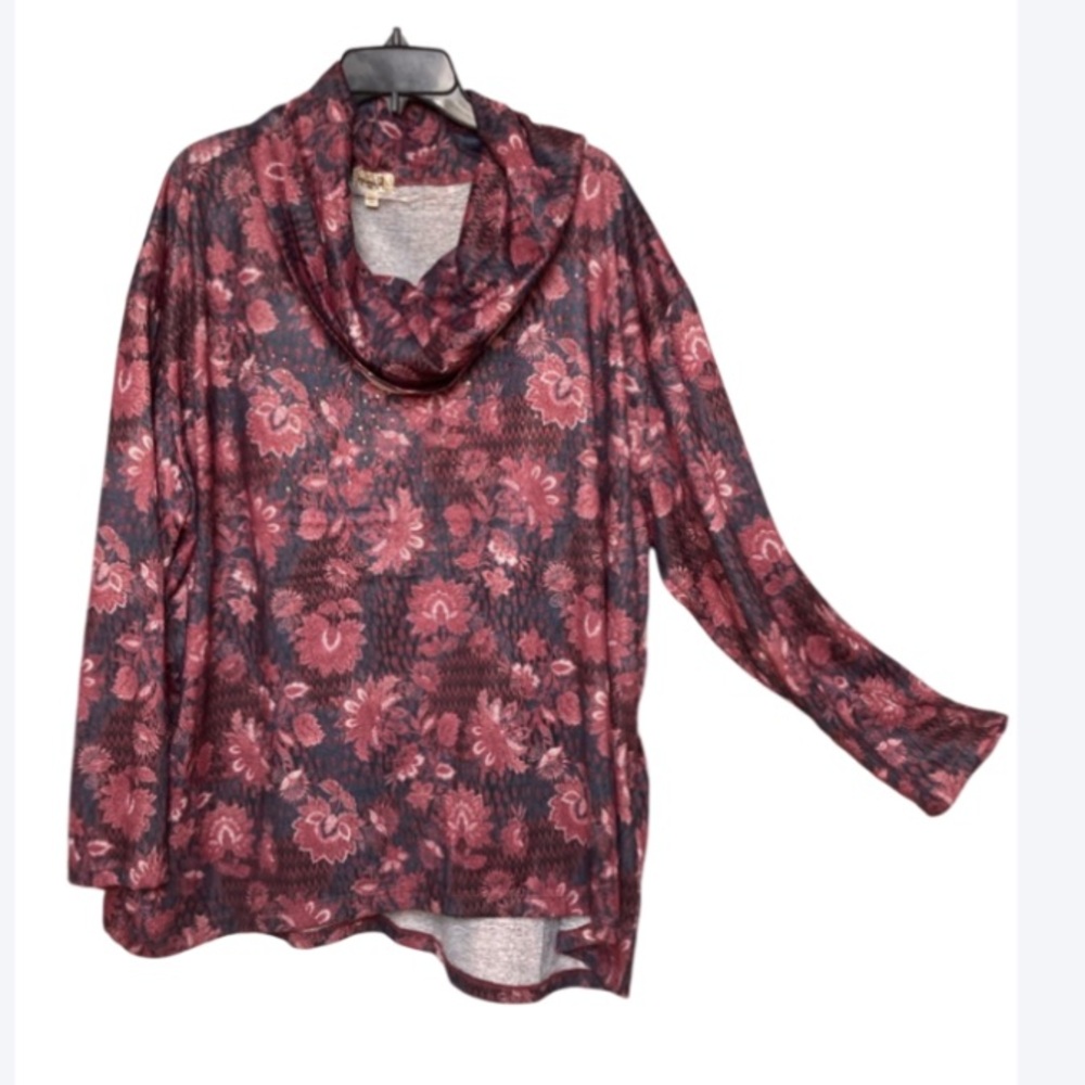 One world floral print top with pockets with bling details bohemian casual 3X